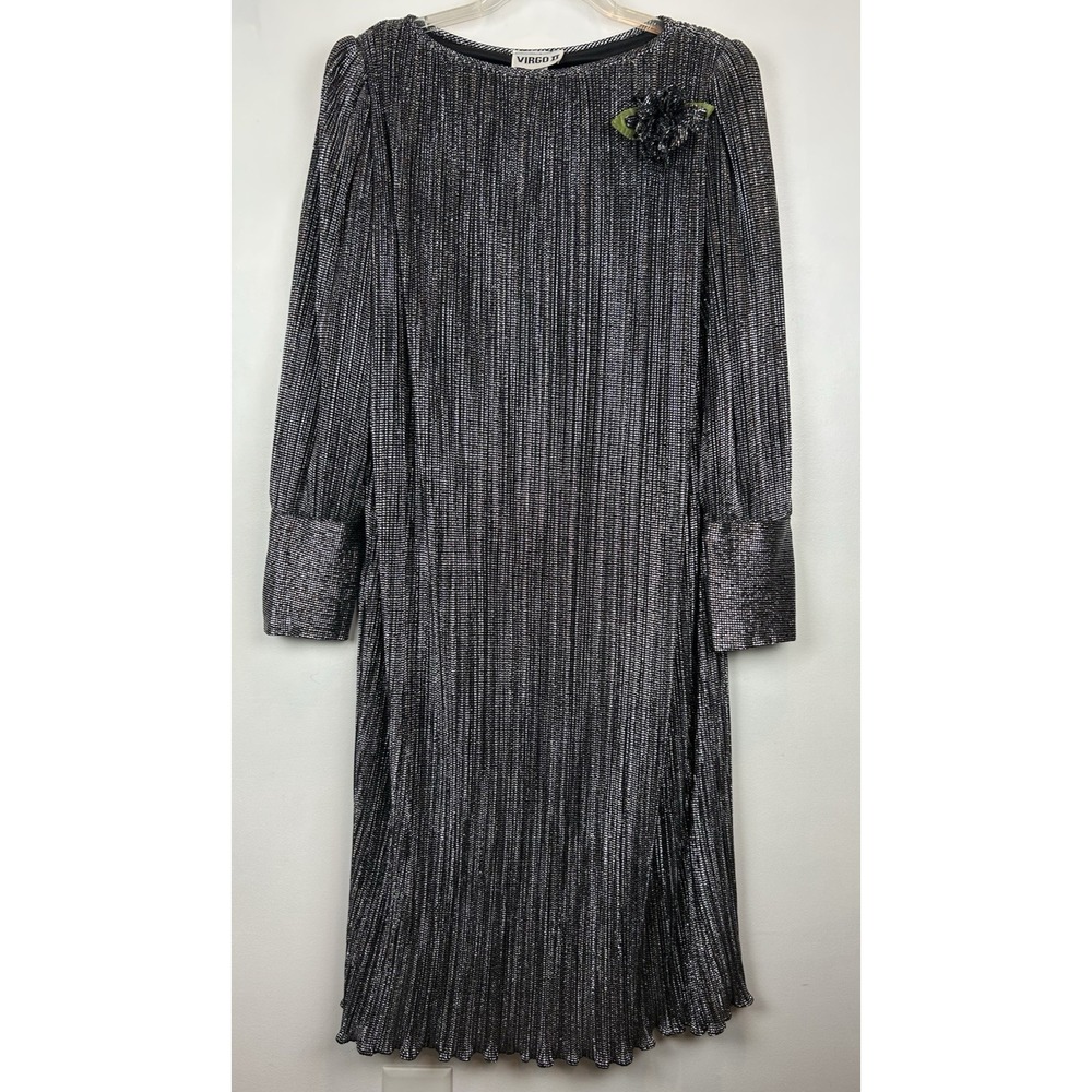 Vintage Midi Dress Women 12 Shift Shiny Silver Evening Cocktail Event Union Made